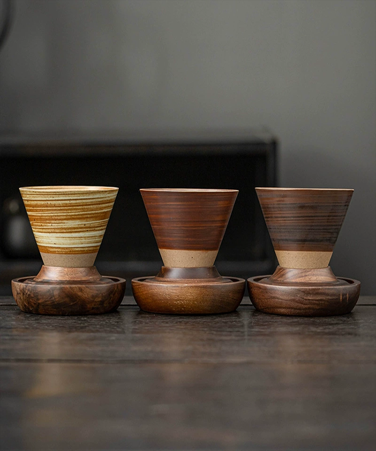 Handmade Cone Ceramic Mug with Wooden Saucer – Retro Stoneware Cup for Coffee & Tea