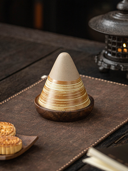Handmade Cone Ceramic Mug with Wooden Saucer – Retro Stoneware Cup for Coffee & Tea