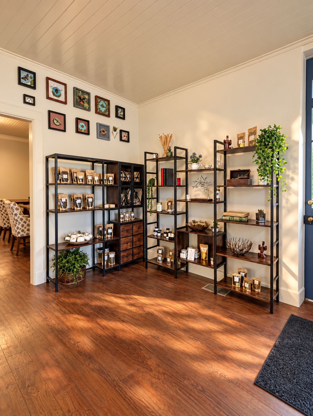 Loose leaf teas and gifts on the shelves at Blue Thistle Tea Haus