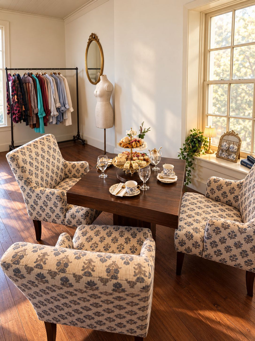 Upholstered armchairs around an afternoon tea table by the window