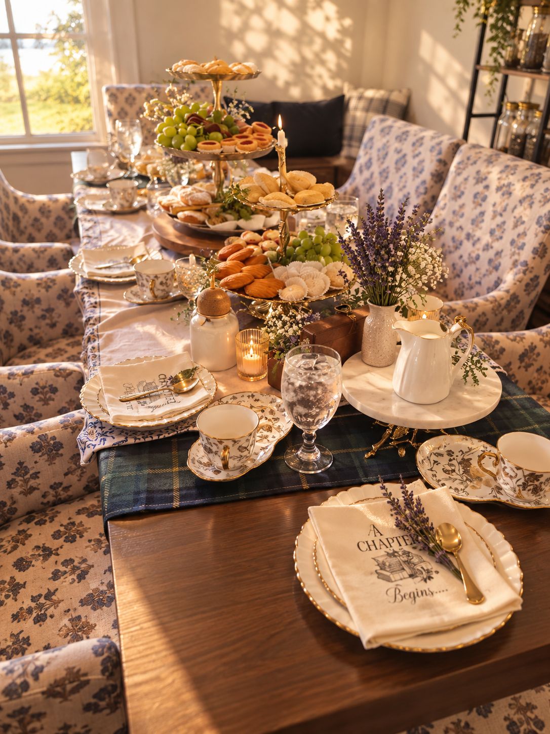 A European high tea supper of savory pie, rye bread, cheese and a pot of strong tea
